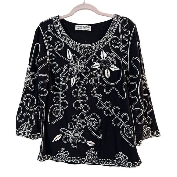 Lauren Michelle Black Floral Metallic Embroidered 3D Embellishment 3/4 sleeve M - Picture 1 of 9